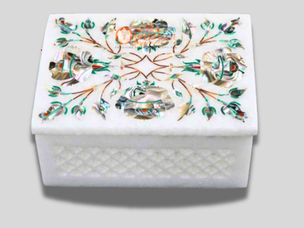 Abalone Pauashell Stone Filigree Floral Marble Storage Box